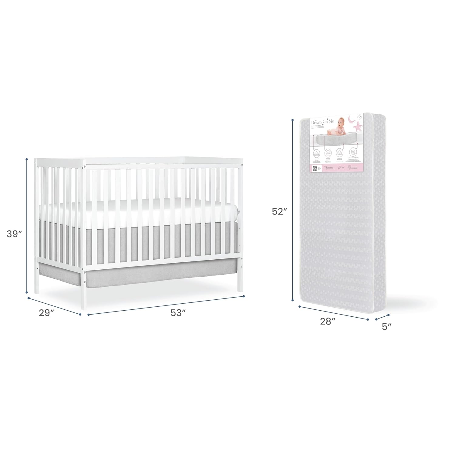 Bundle of Dream On Me Synergy 5-in-1 Convertible Crib & Honeycomb Orthopedic Full Size Crib Mattress, Greenguard Gold Certified, Adjustable Height, Firm Fiber Support, Waterproof Cover