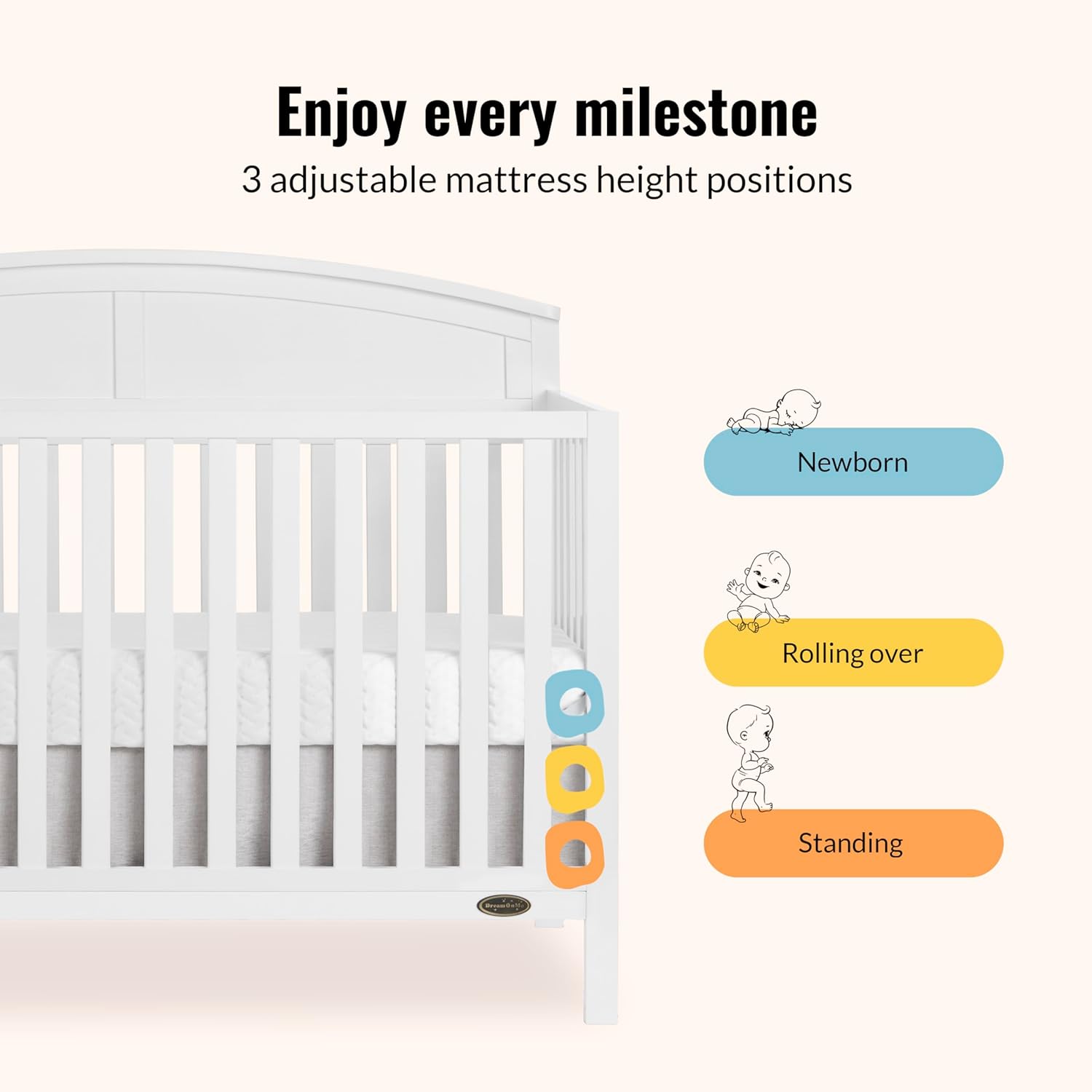 Dream On Me Storybrooke 5-in-1 Convertible Full-Size Baby Crib, GreenGuard Gold & BSA Certified, Convert to Toddler, Day & Full-Size Bed Sustainable Pinewood, 3 Mattress Height Settings - White