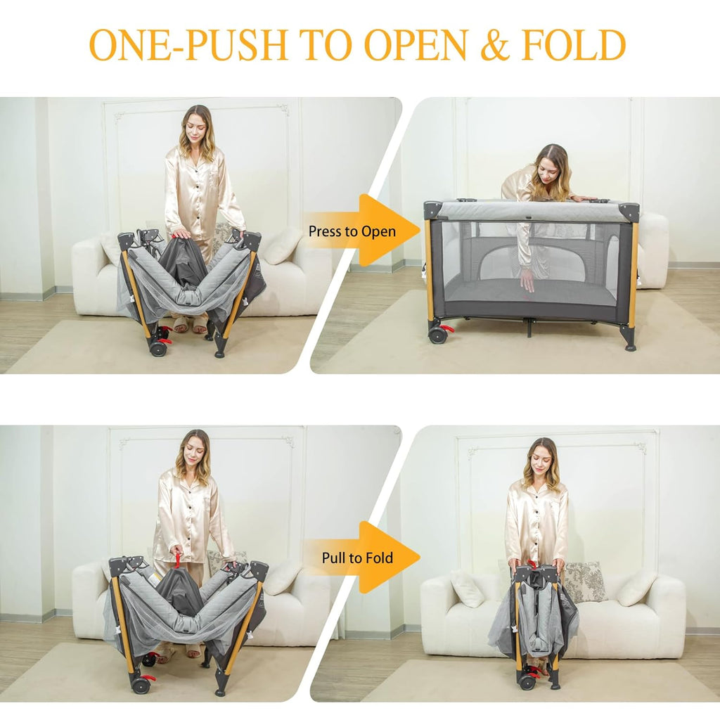 Baby Bassinet Bedside Crib with One-Hand Setup 5-in-1 Foldable Pack n Play for Travel, Portable Baby Bassinet with Diaper Changer & Adjustable Mattress for Newborn to Toddler (Grey)