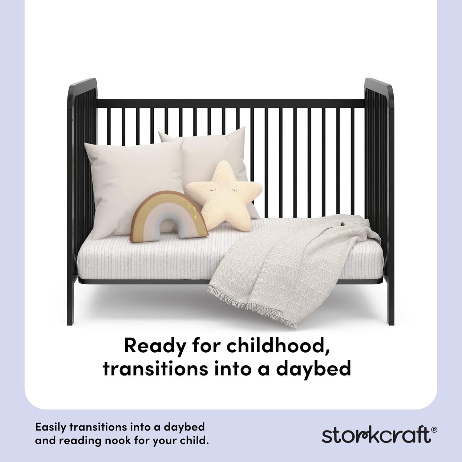 Storkcraft Pasadena 3-in-1 Convertible Crib – GREENGUARD Gold Certified, 100% Solid Wood, Fits Standard Crib Mattress, Converts to Toddler Bed and Daybed, 4 Mattress Heights (Black)