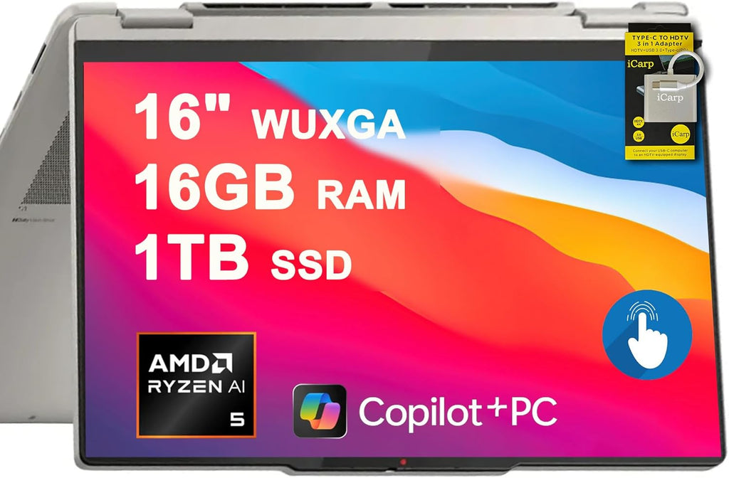 Lenovo Yoga 7 2-in-1 Laptop 16" WUXGA IPS Touch (Glossy Anti-Fingerprint) AMD 6-core Ryzen AI 5 340 (Up to 50 Tops) 16GB RAM 1TB SSD Pen for Creator Business Professional Win11 ICP Hub