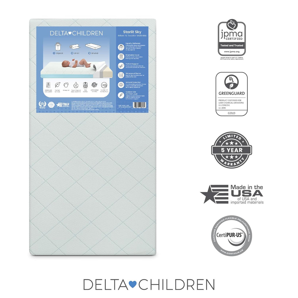 Delta Children Starlit Sky 2-Stage Crib and Toddler Mattress for Infants & Toddlers - Removable Machine Washable Mattress Cover - Waterproof - GREENGUARD Gold - Made in USA, Blue
