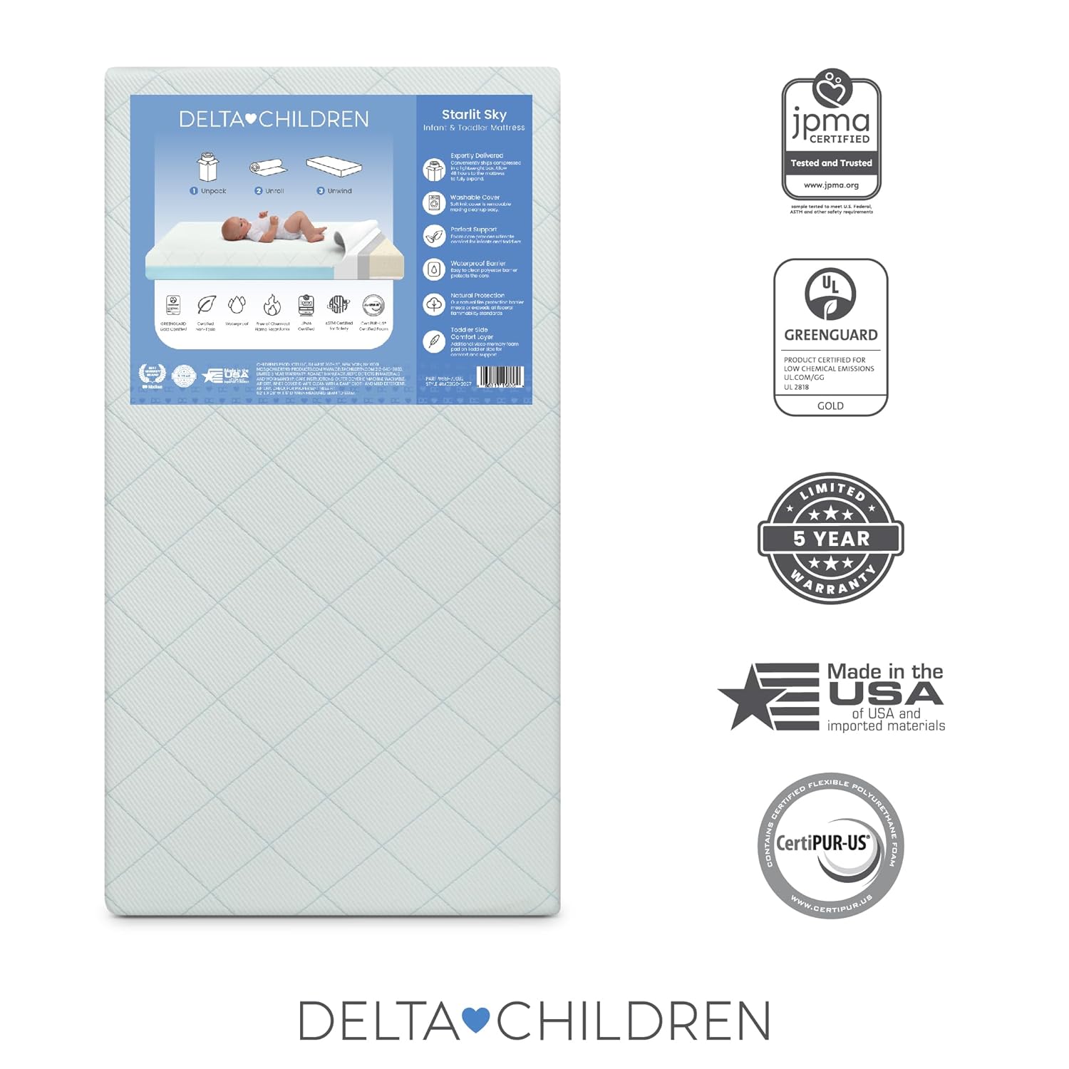 Delta Children Starlit Sky 2-Stage Crib and Toddler Mattress for Infants & Toddlers - Removable Machine Washable Mattress Cover - Waterproof - GREENGUARD Gold - Made in USA, Blue