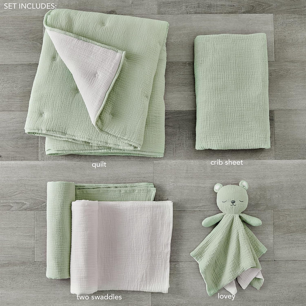 Levtex Baby - Cloud Muslin Crib Bed Set - Baby Nursery Set - Sage and White Stars - Sage Textured Muslin - 5 Piece Set Includes Quilt, Fitted Sheet, Two Swaddles & Bear Lovey