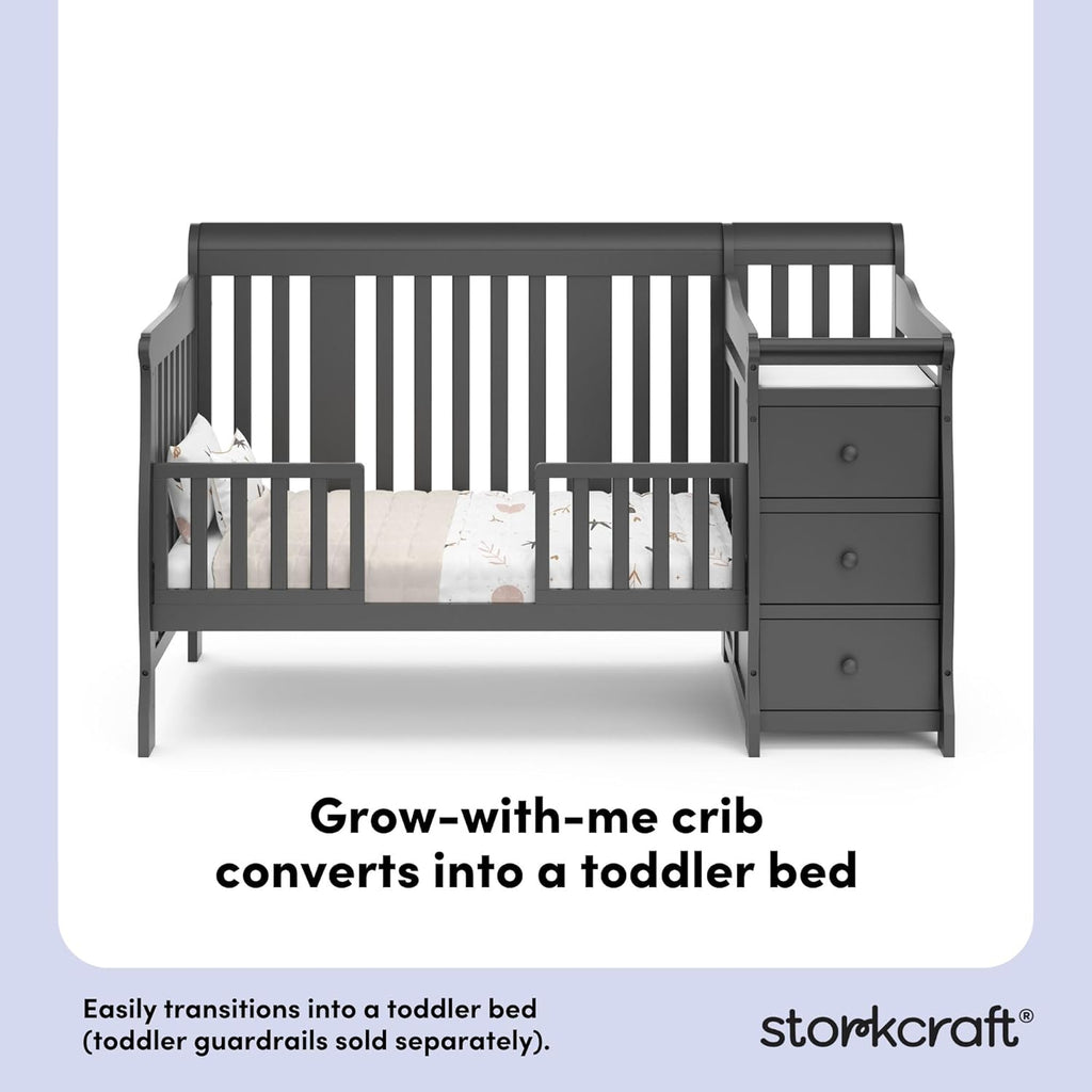 Storkcraft Portofino 5-in-1 Convertible Crib and Changer – Crib and Changing Table Combo with Drawer, Converts to Toddler Bed, Daybed and Full-Size Bed, Storage Drawer (Gray)