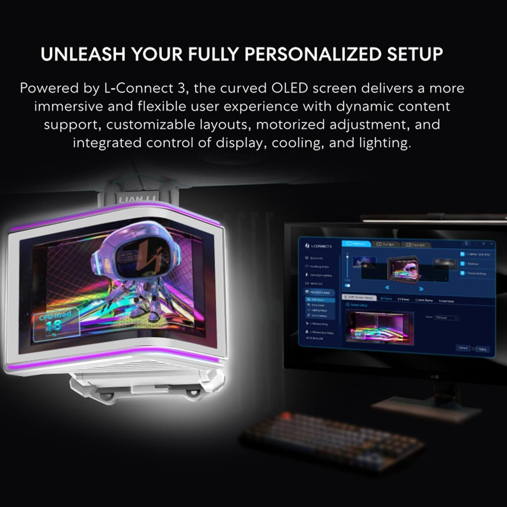 Lian Li Hydroshift II OLED Curved 360 Liquid CPU Cooler - Flexible Slide-Tube Clamp Coolant Pathway - Adjustable 6.67" 2K Screen - 3D Animation Effects - LGA 1851/1700, AMD AM5/4 - White (HS2OLDC36NW)