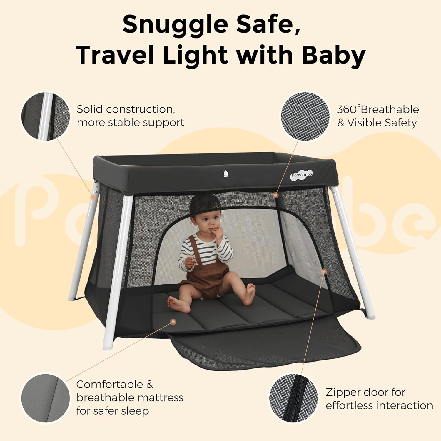 Pamo Babe Travel Pack and Play, Certified Baby Safe Travel Crib, Extra Large Portable Playpen with Mattress & Zipper Door, Portable Crib Lightweight Foldable Baby Travel Bed - Grey