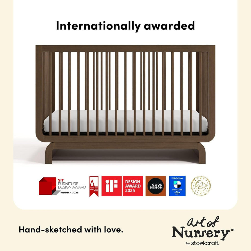 Storkcraft Santorini 5-in-1 Convertible Crib with Toddler Guardrail – GREENGUARD Gold Certified, Conversion Kit Included, 100% Solid Wood, Fits Standard Crib Mattress (Hazelnut)