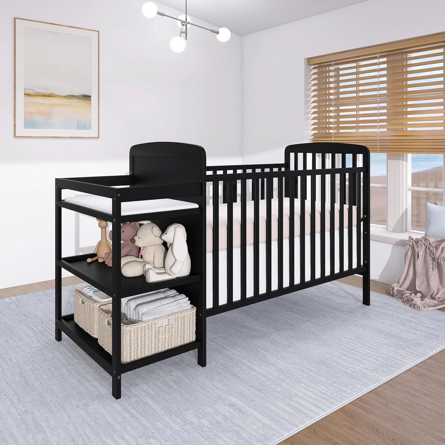 Dream On Me Anna 3-in-1 Convertible Full-Size Baby Crib & Changer with Storage in Black, GreenGuard Gold & BSA, Pinewood, Converts to Day & Toddler Bed, 3 Mattress Heights, 1″ Changing Pad