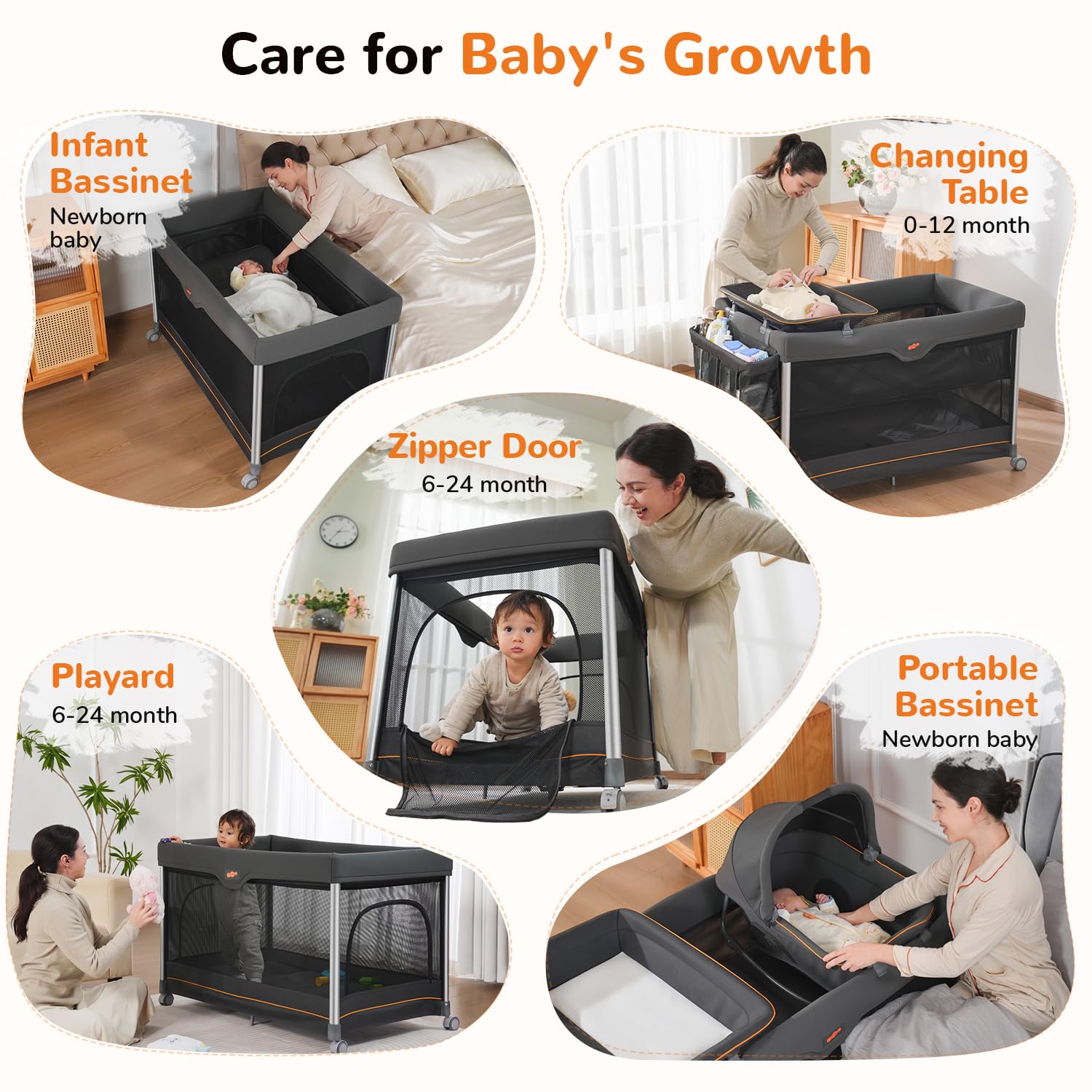 Pamo Babe 6-in-1 Pack and Play with Bassinet, Deluxe One-Step Setup Baby Bassinet with Changing Table, Sleeper Nest, Storage Bag, 4 Wheels Portable Crib Travel Playpen for Baby and Toddler (Gery)