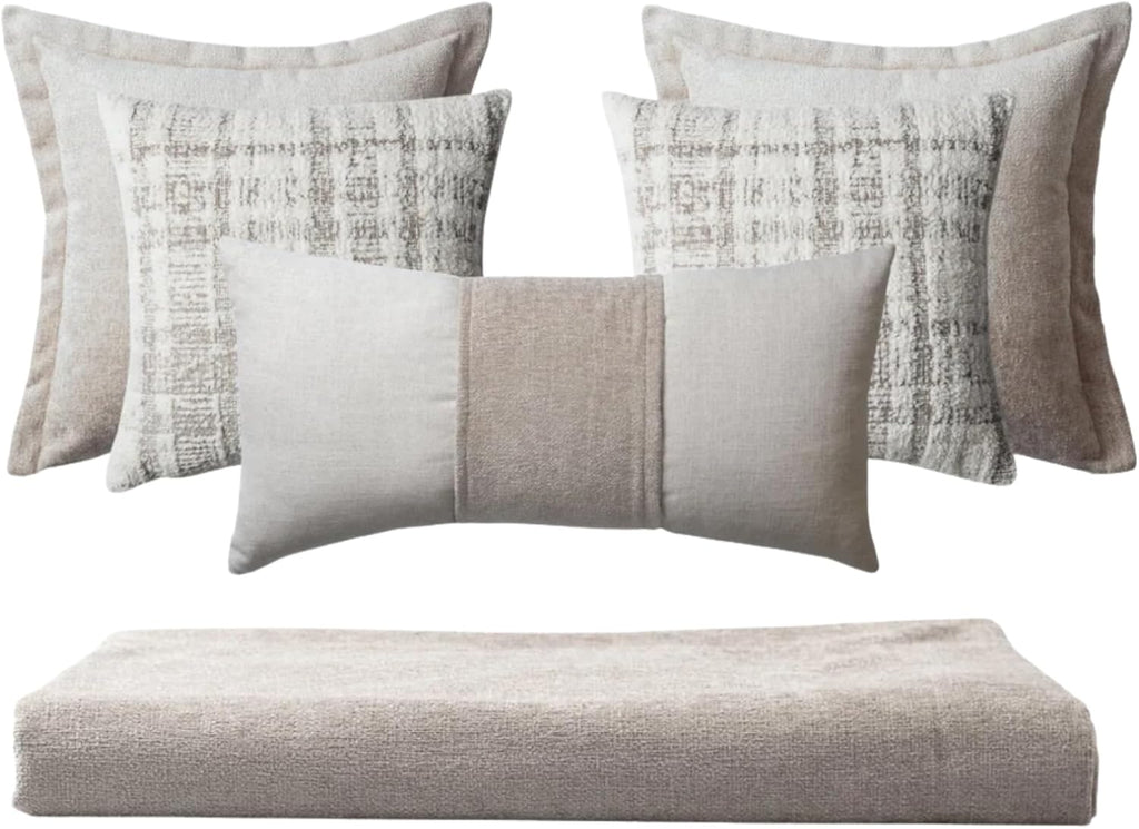 Set of 5 Throw Pillow Cover & 1 Piece Bed Runner Scarf 102"x47", Cushion Covers for Foot of Bedding Set Sofa & Bed, Cozy Decorative for Hotel/Bedroom, Beige