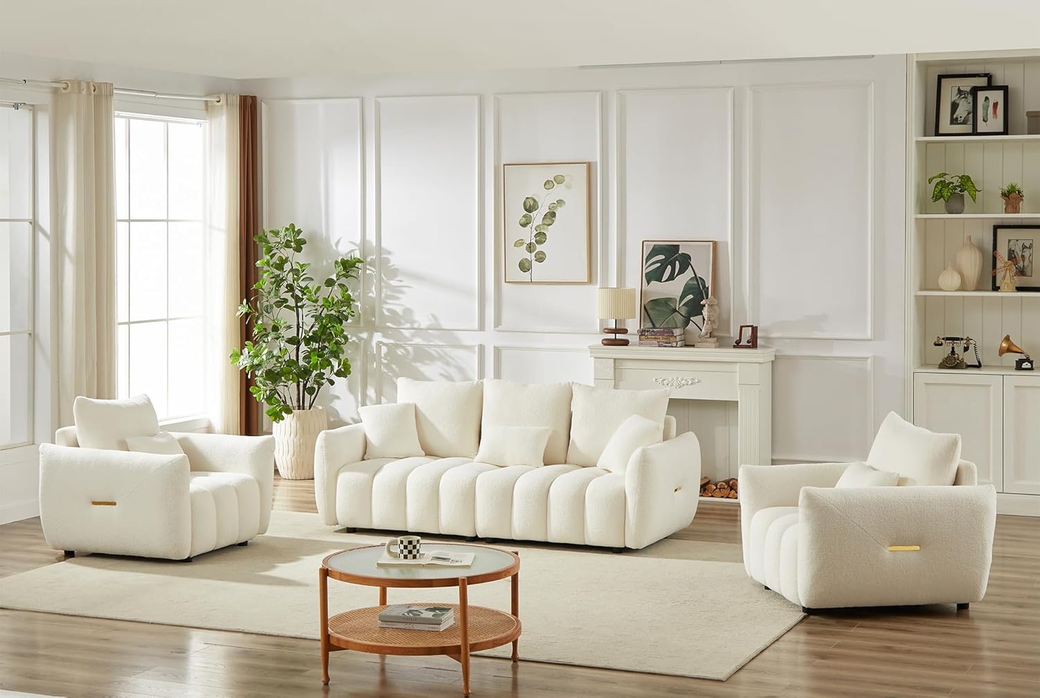 Antetek Set of 3 Teddy Sofa for Living Room, Modern 2 Units Deep Seat Sofa Chairs and an Oversized 3-Seater Cloud Boucle Couch for Bedroom, Office, Apartment, Furniture Set, Beige (3 Pieces)