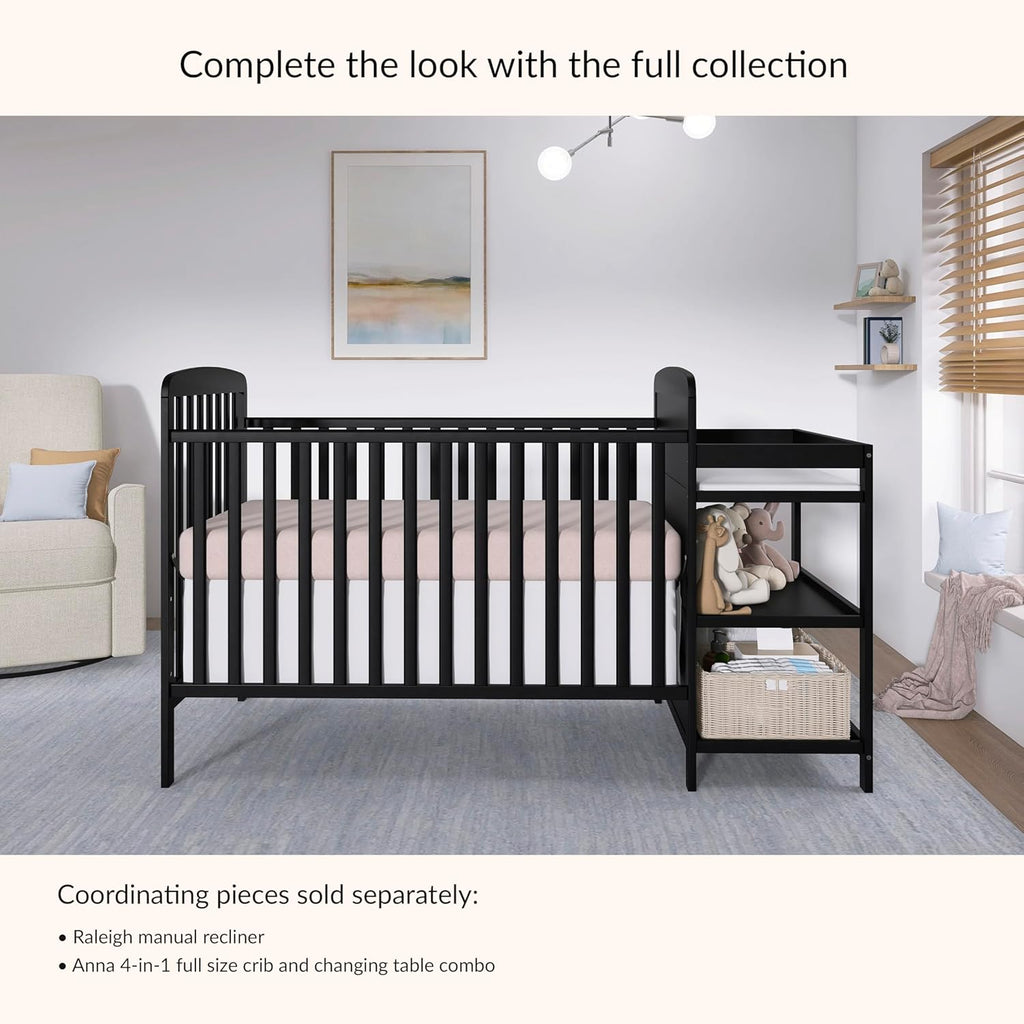 Dream On Me Anna 3-in-1 Convertible Full-Size Baby Crib & Changer with Storage in Black, GreenGuard Gold & BSA, Pinewood, Converts to Day & Toddler Bed, 3 Mattress Heights, 1″ Changing Pad