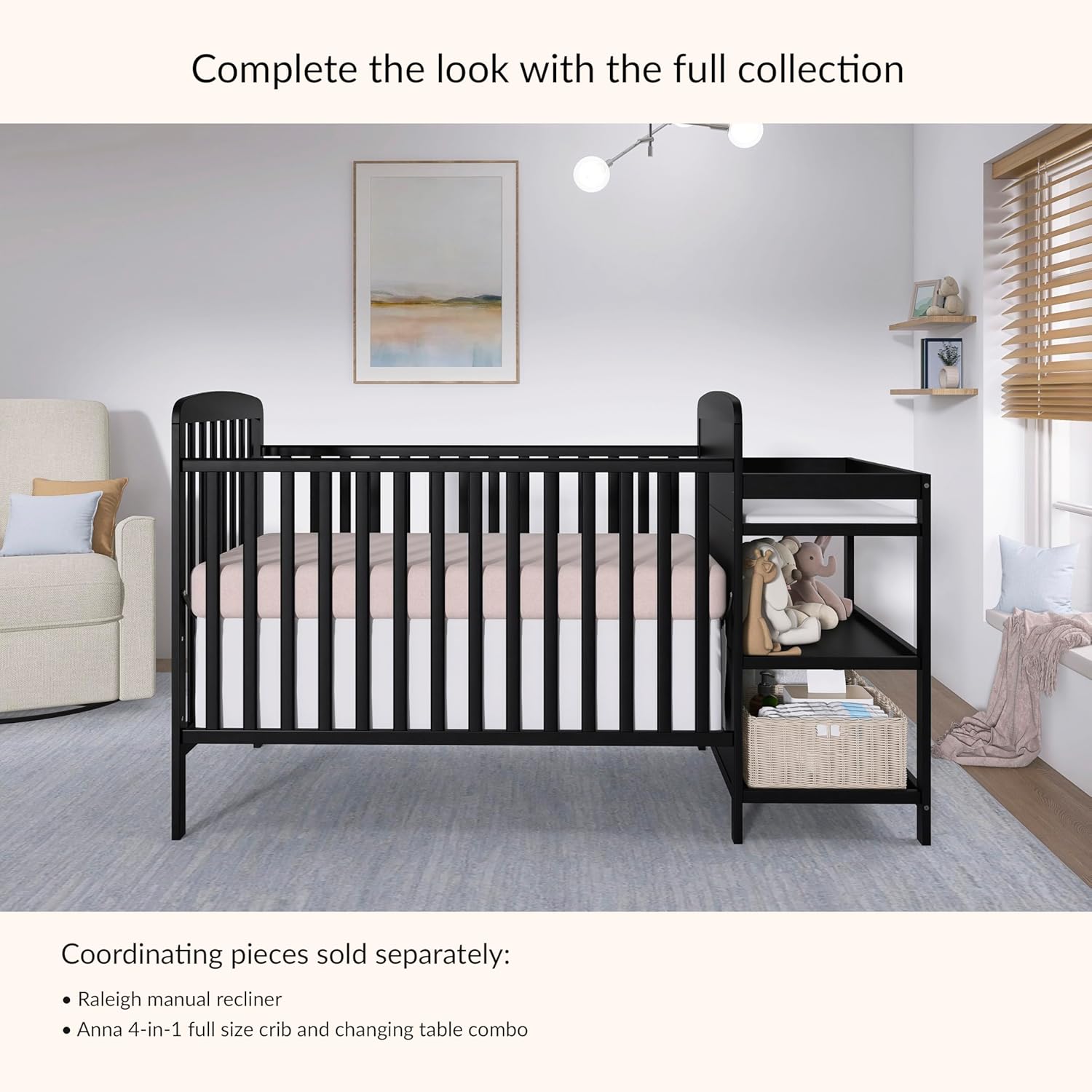 Dream On Me Anna 3-in-1 Convertible Full-Size Baby Crib & Changer with Storage in Black, GreenGuard Gold & BSA, Pinewood, Converts to Day & Toddler Bed, 3 Mattress Heights, 1″ Changing Pad