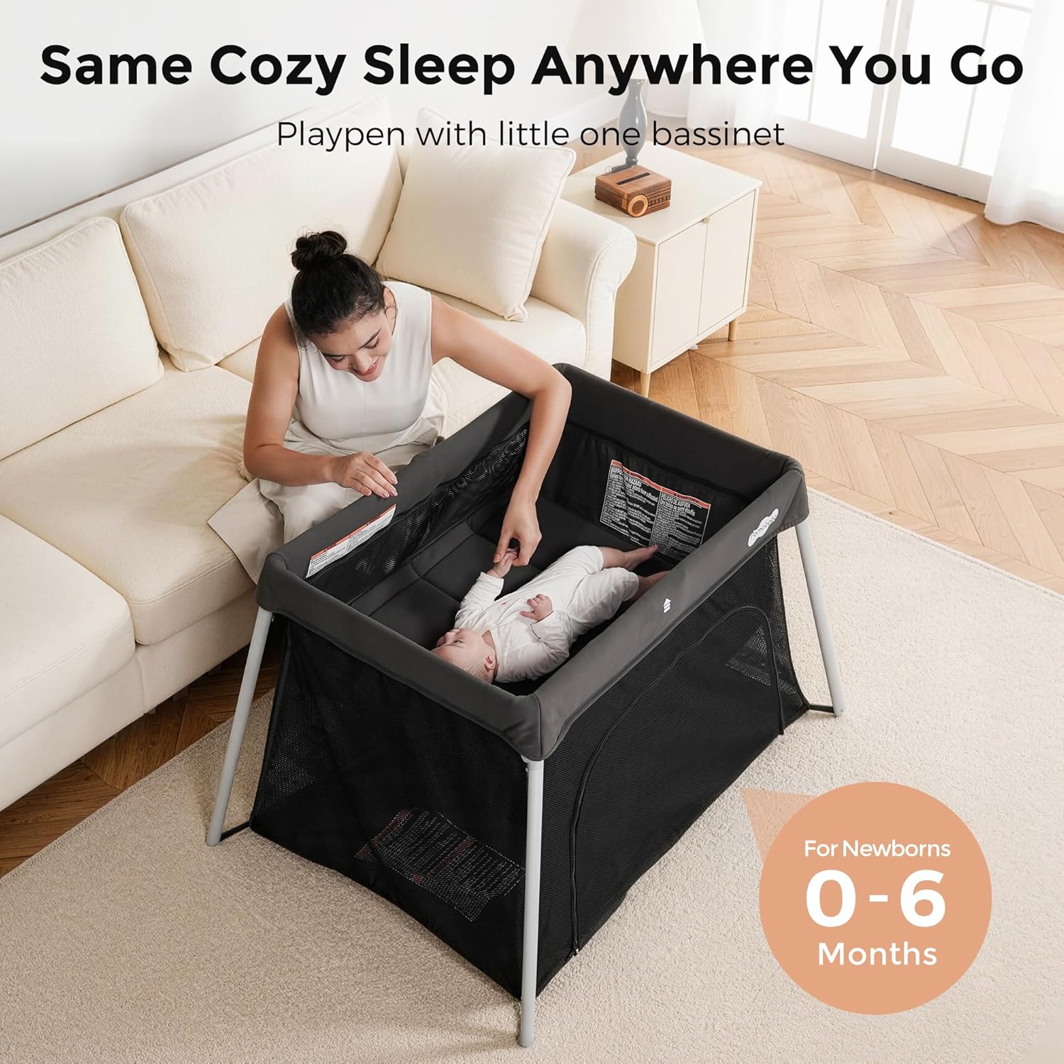 Pamo Babe Travel Pack and Play, Certified Baby Safe Travel Crib, Extra Large Portable Playpen with Mattress & Zipper Door, Portable Crib Lightweight Foldable Baby Travel Bed - Grey