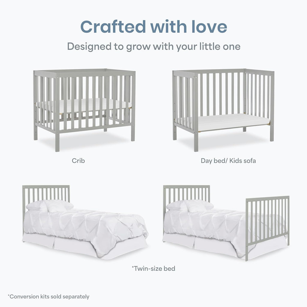 Dream On Me Edgewood 4-in-1 Convertible Mini Baby Crib in Cool Grey GreenGuard Gold & BSA, Non-Toxic, Compact 40×25×33″ Design, Converts to Mini Daybed & Twin Bed (Rails to Buy) 1″ Mattress Pad