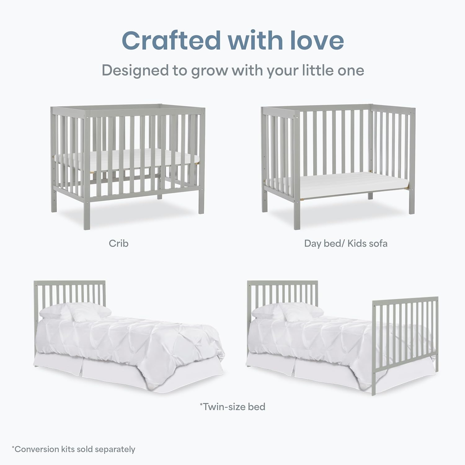 Dream On Me Edgewood 4-in-1 Convertible Mini Baby Crib in Cool Grey GreenGuard Gold & BSA, Non-Toxic, Compact 40×25×33″ Design, Converts to Mini Daybed & Twin Bed (Rails to Buy) 1″ Mattress Pad