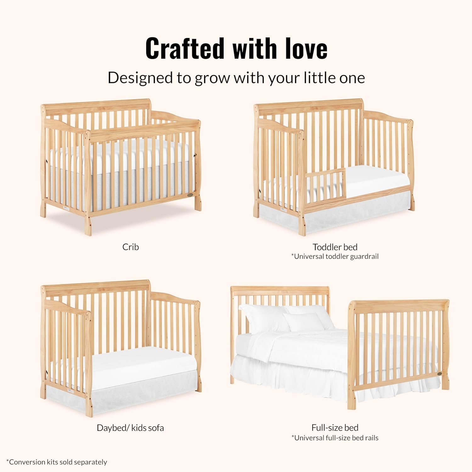 Dream On Me Ashton 4-In-1 Convertible Crib In Natural, Greenguard Gold, JPMA Certified, Non-Toxic Finishes, Features 4 Mattress Height Settings, Made Of Solid Pinewood