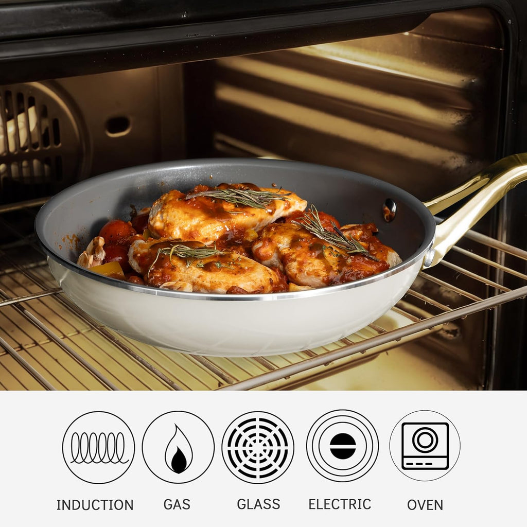Ceramic Nonstick 10pc Cookware Pots and Pans Set,PFAS & PFOA Free, Dishwasher &Oven Safe, All Stovetop Compatible（electric,gas,induction), Tempered Glass Lids, Stay-Cool Handles for even heat.