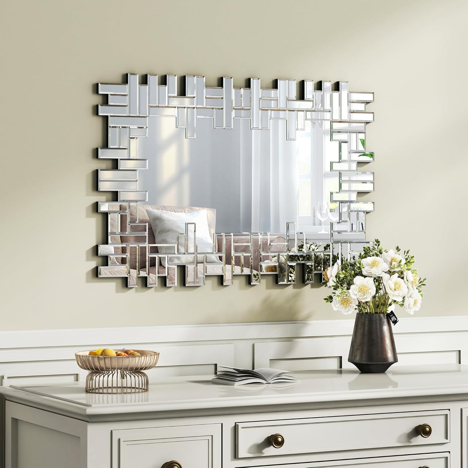 KOHROS Large Decorative Rectangle Mirror for Wall Decor Art Grecian Venetian Mirror (Silver-A, 36" L x 24" W)
