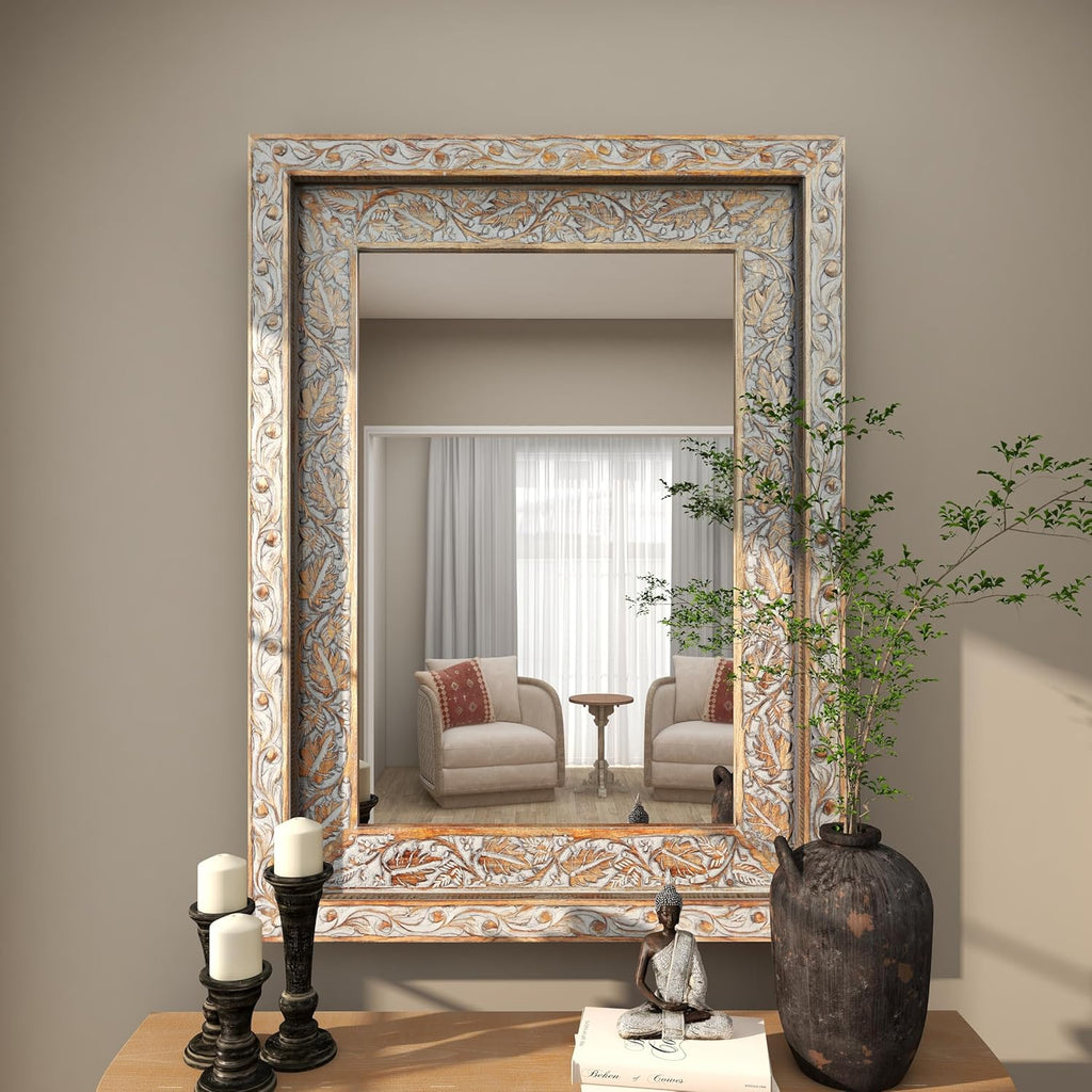 Deco 79 Wood Floral Handmade Room Wall Mirror Intricately Carved Entryway Mirror, Wall Mounted Mirror 36" x 3" x 48", Gray