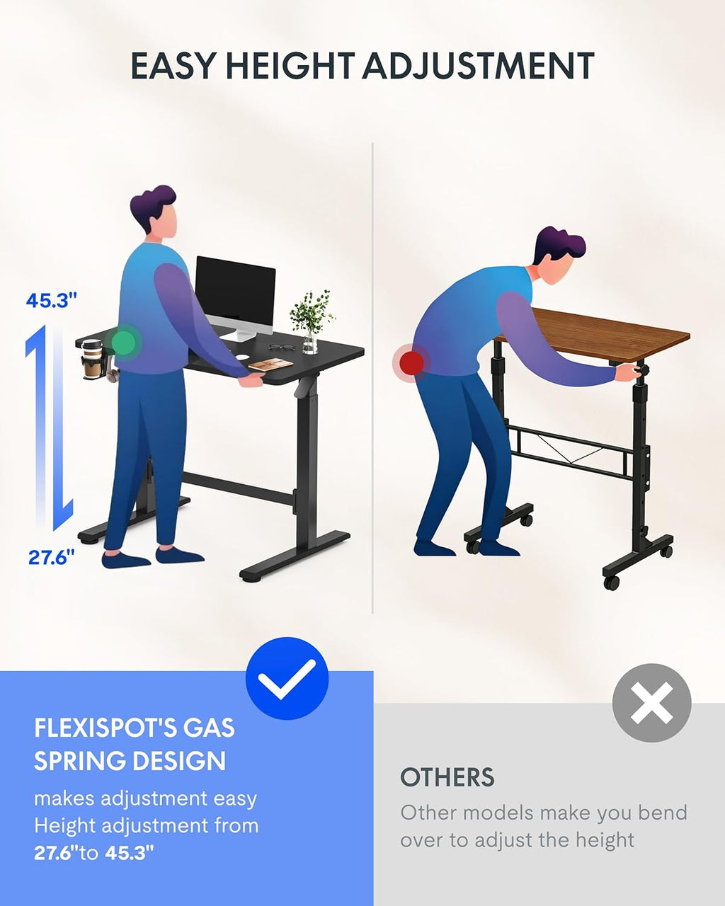 FLEXISPOT H7 Plus Gas Spring Adjustable Standing Desk, Mobile Rolling Sit-Stand Table with Wheels, Cordless Stand Up Desk for Small Spaces & Home Office, 40" One-Piece Desktop Black,Height 27.6"–45"