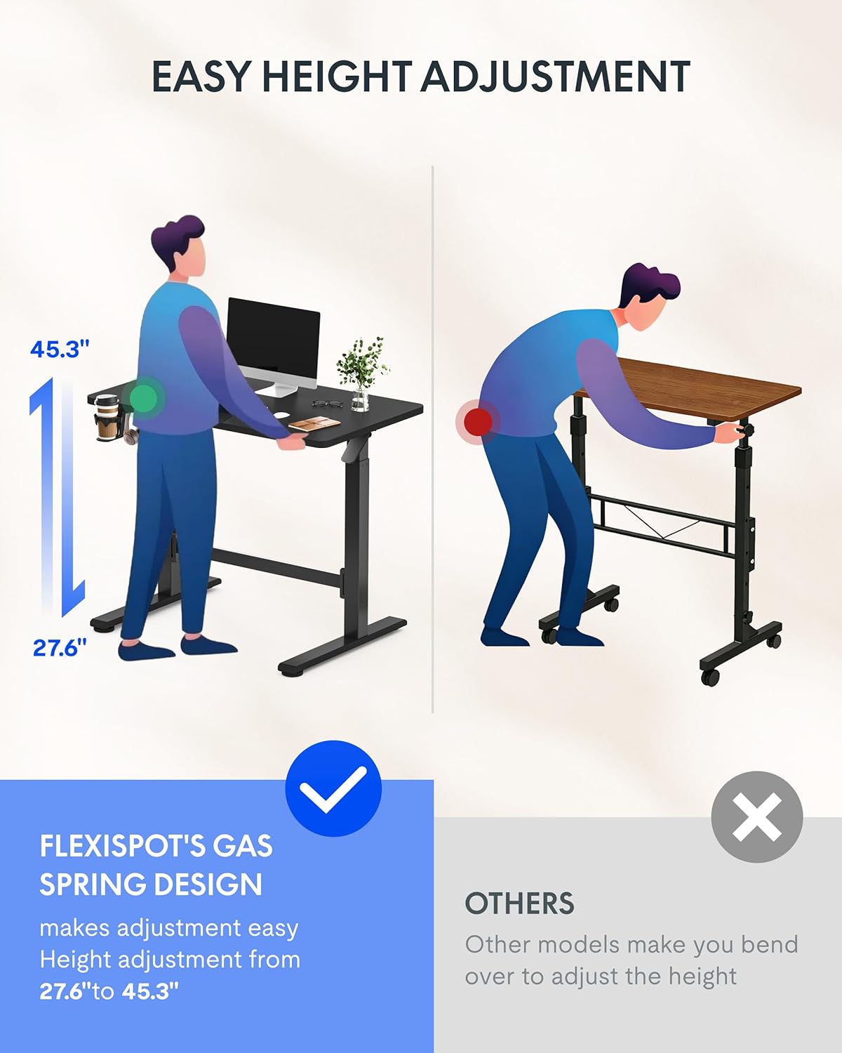 FLEXISPOT H7 Plus Gas Spring Adjustable Standing Desk, Mobile Rolling Sit-Stand Table with Wheels, Cordless Stand Up Desk for Small Spaces & Home Office, 40" One-Piece Desktop Black,Height 27.6"–45"
