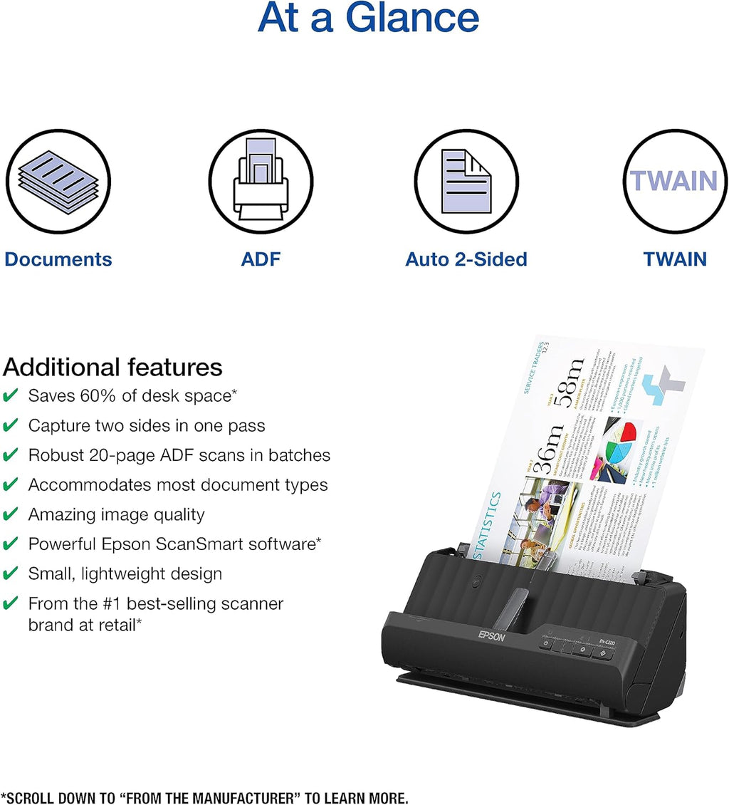 Epson Workforce ES-C220 Compact Desktop Document Scanner - 2-Sided Scanning - ADF - for PC and Mac