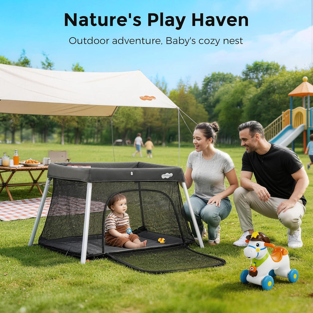 Pamo Babe Travel Pack and Play, Certified Baby Safe Travel Crib, Extra Large Portable Playpen with Mattress & Zipper Door, Portable Crib Lightweight Foldable Baby Travel Bed - Grey
