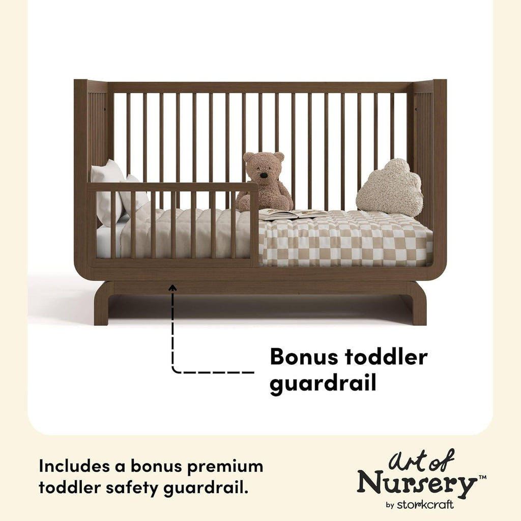 Storkcraft Santorini 5-in-1 Convertible Crib with Toddler Guardrail – GREENGUARD Gold Certified, Conversion Kit Included, 100% Solid Wood, Fits Standard Crib Mattress (Hazelnut)