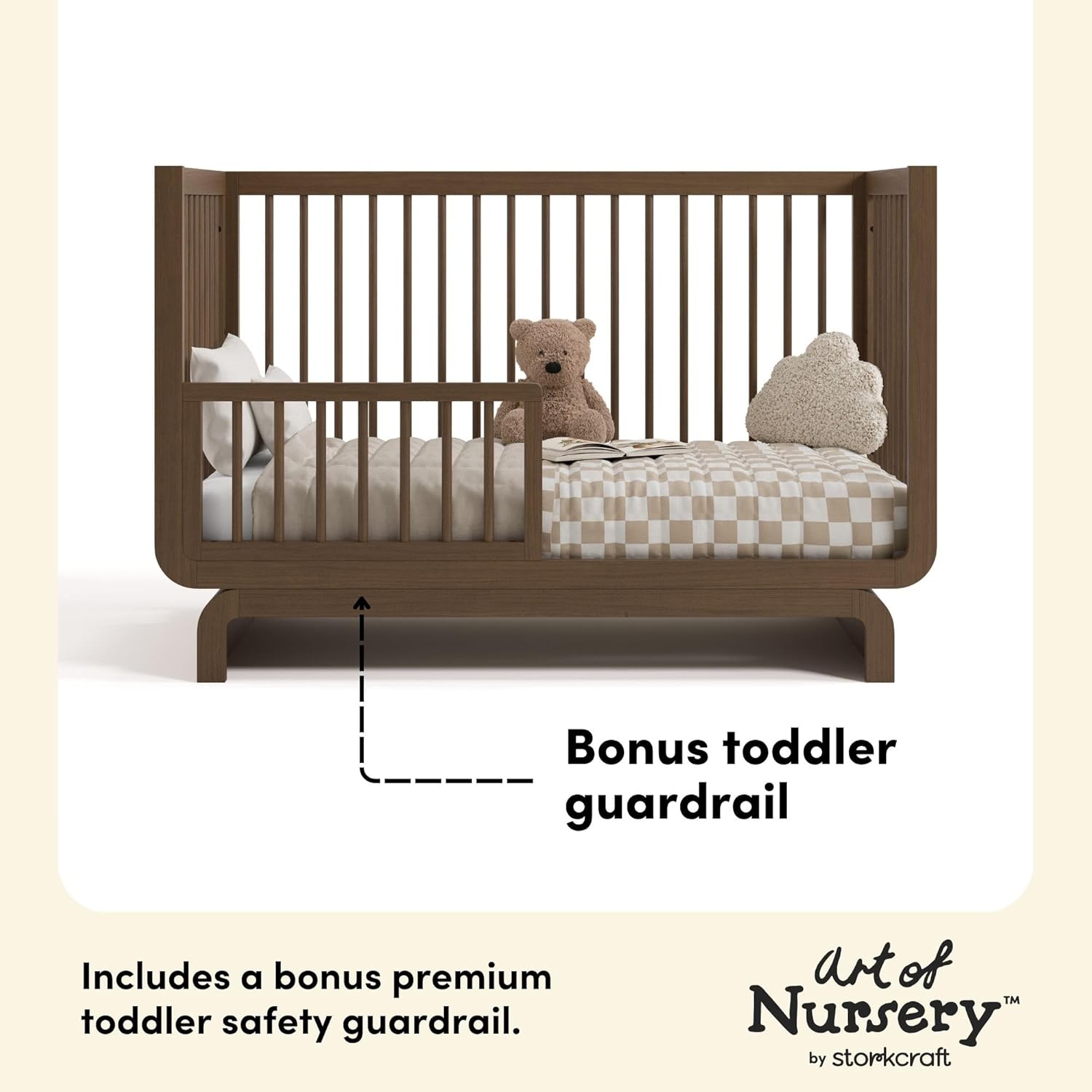 Storkcraft Santorini 5-in-1 Convertible Crib with Toddler Guardrail – GREENGUARD Gold Certified, Conversion Kit Included, 100% Solid Wood, Fits Standard Crib Mattress (Hazelnut)