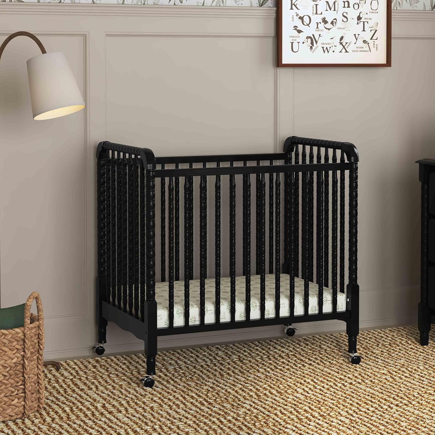 Davinci Jenny Lind 3-in-1 Convertible Mini Crib in Ebony, Removable Wheels, Greenguard Gold Certified