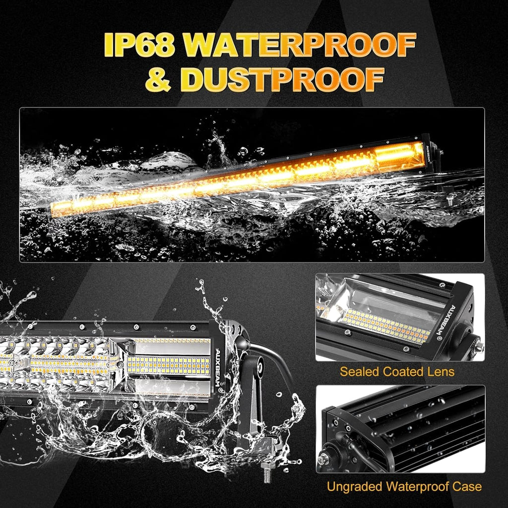 Auxbeam 50 Inch LED Light Bar, 288W Curved Amber White Strobe Lights, 6 Modes Spot Flood Combo Beam Fog Memory Reset Function Driving Light with Wiring Harness Kit for Car Jeep Off Road SUV UTV ATV