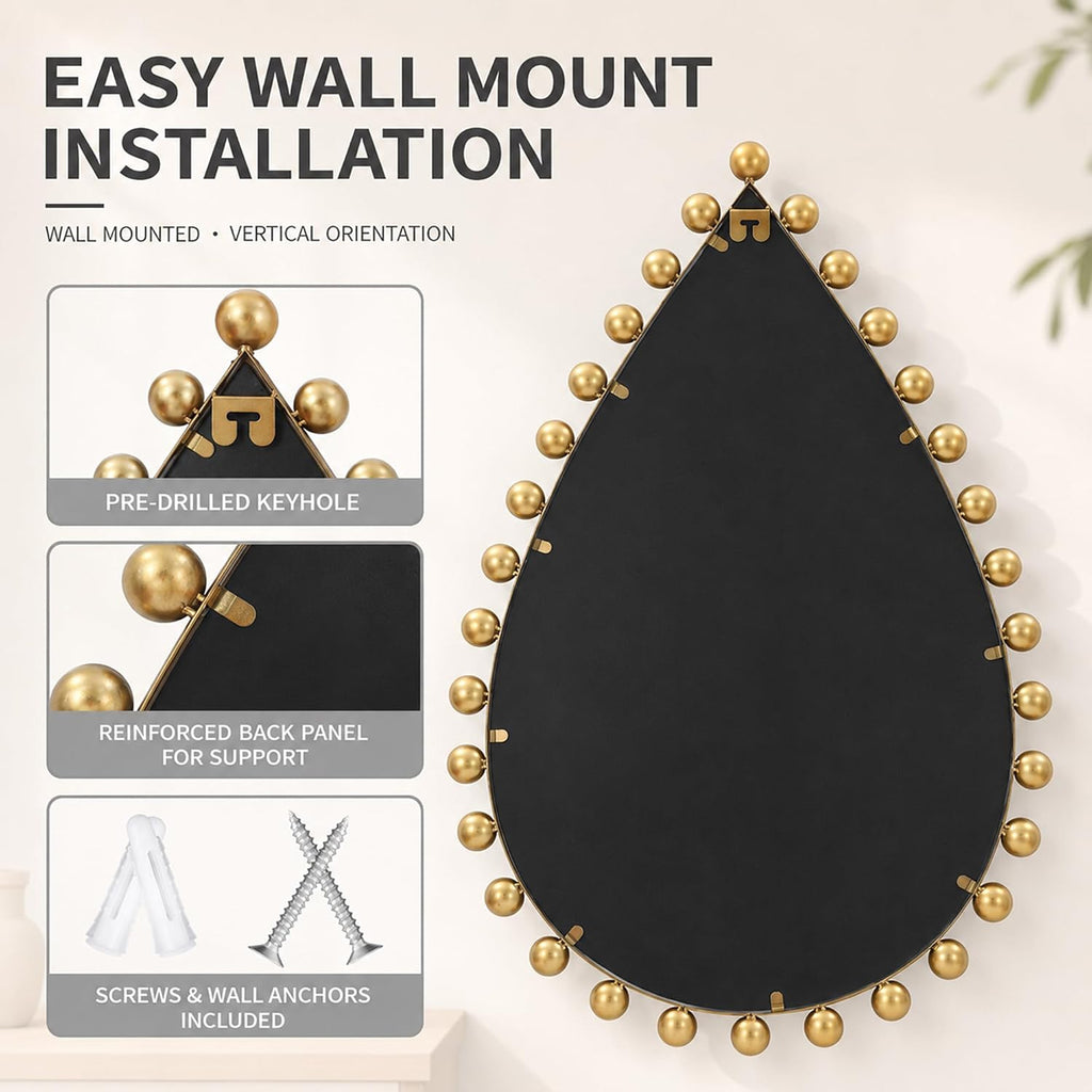 Antique Gold Teardrop Mirror Unique with Ball Frame – 24"x36" Beaded Large Decorative Ornate Wall Mirror for Bathroom, Bedroom, Living Room, Hallway