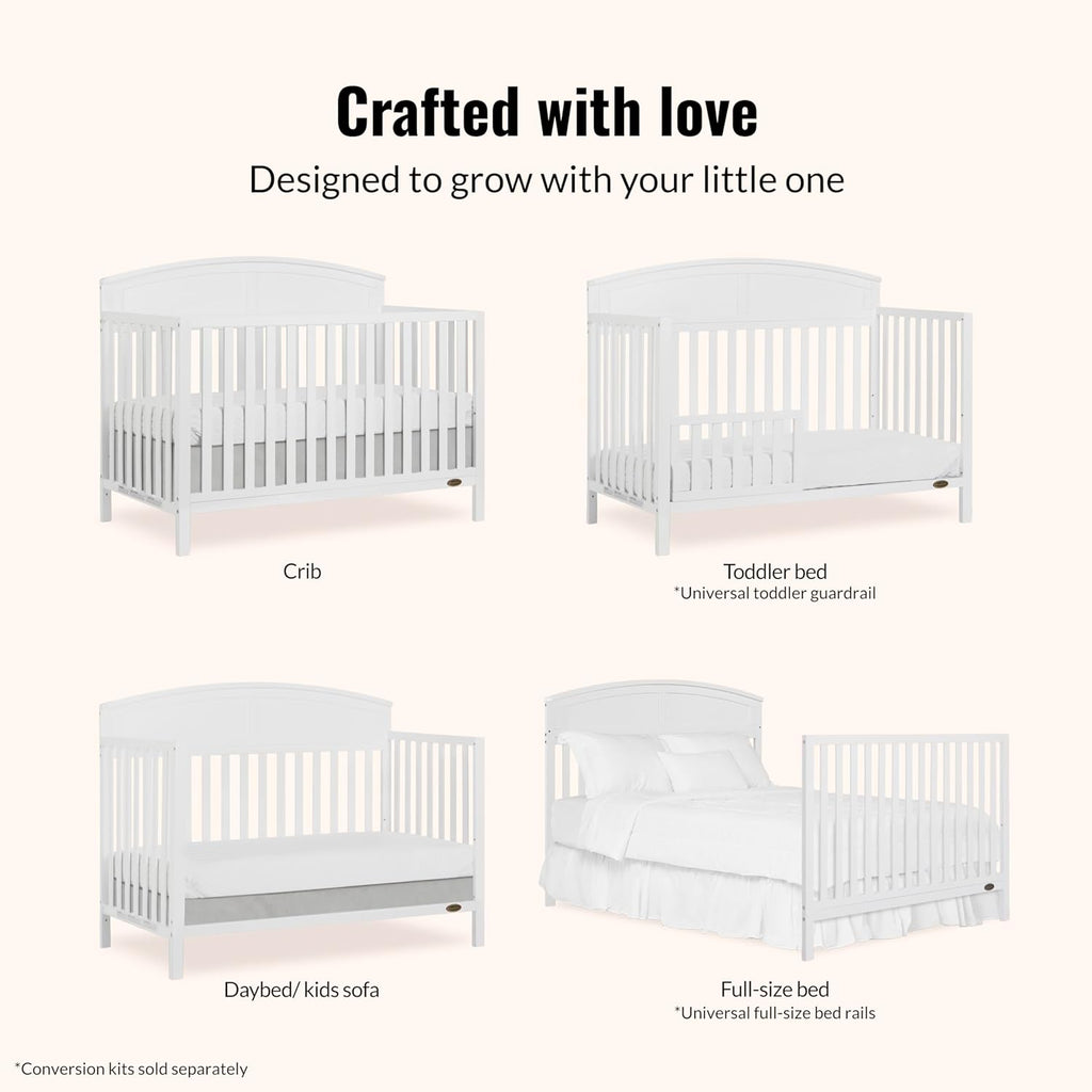 Dream On Me Storybrooke 5-in-1 Convertible Full-Size Baby Crib, GreenGuard Gold & BSA Certified, Convert to Toddler, Day & Full-Size Bed Sustainable Pinewood, 3 Mattress Height Settings - White