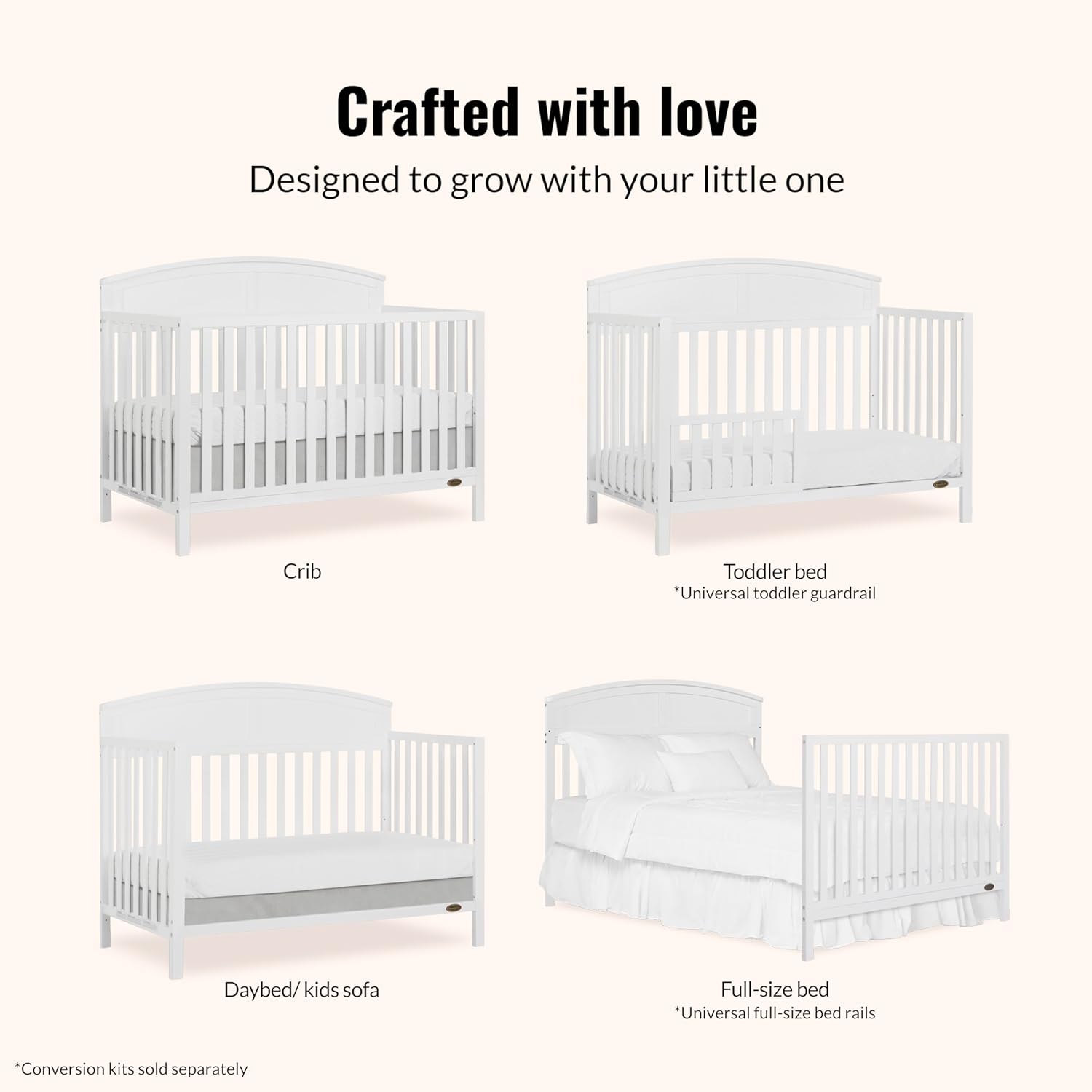 Dream On Me Storybrooke 5-in-1 Convertible Full-Size Baby Crib, GreenGuard Gold & BSA Certified, Convert to Toddler, Day & Full-Size Bed Sustainable Pinewood, 3 Mattress Height Settings - White