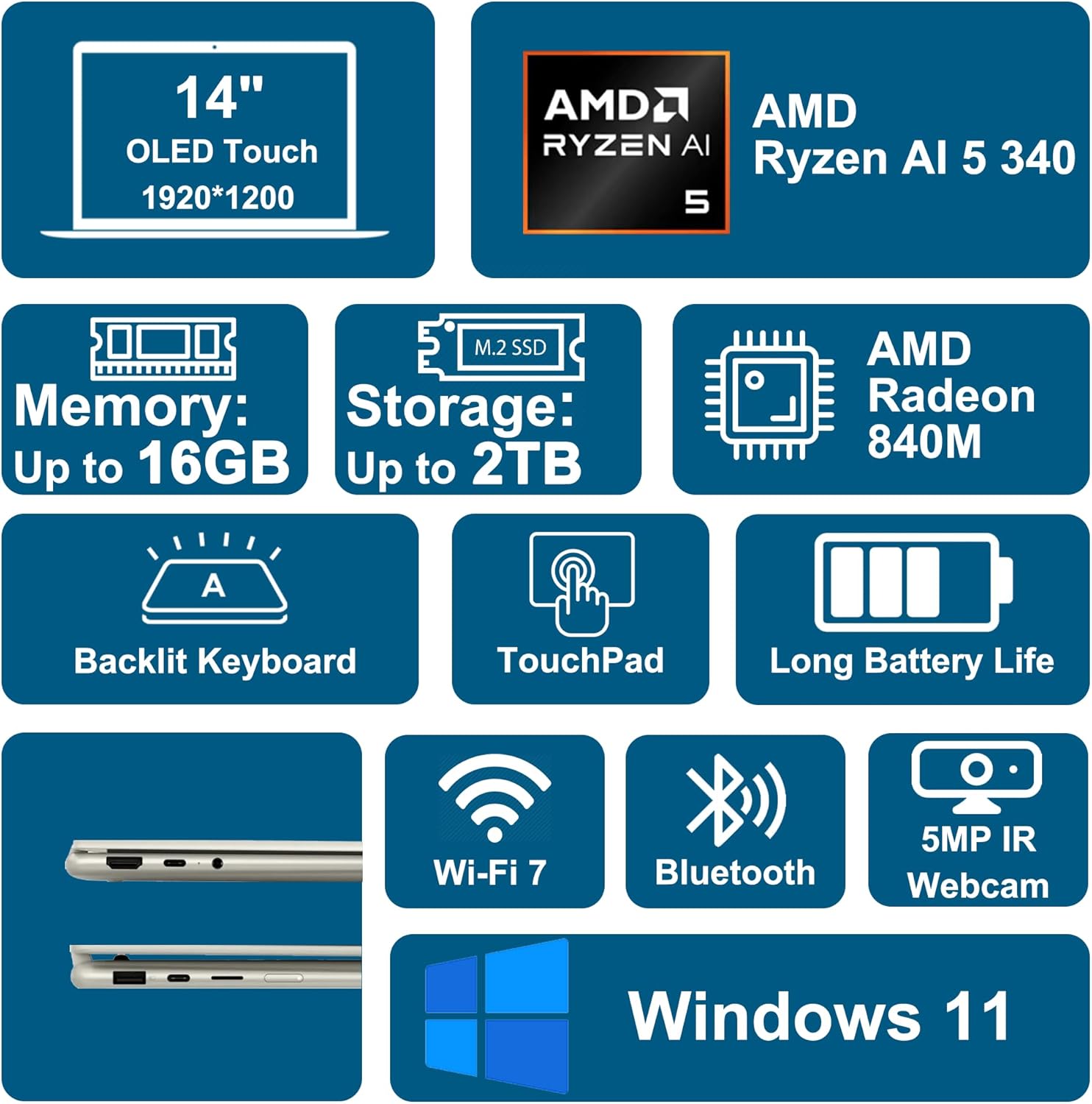 Lenovo Yoga 7 2-in-1 Laptop 14" WUXGA OLED Touch (100% DCI-P3, 600nits HDR) AMD 6-core Ryzen AI 5 340 (Up to 50 Tops) 16GB RAM 512GB SSD for Creator Business Professional Win11 ICP Hub w/Copilot AI