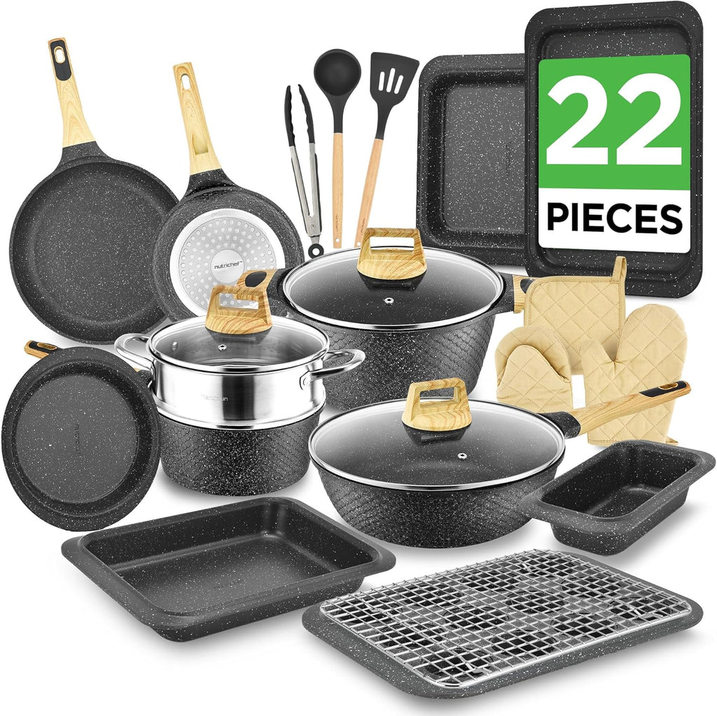 NutriChef 22-Piece Black Marble Non-Stick Cookware and Bakeware Set - Professional Home Kitchen Collection with Multi-Sized Pots, Pans, and Heat-Resistant Tools