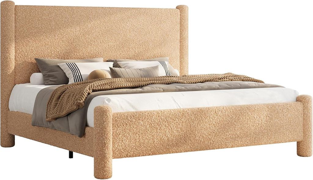 AMERLIFE Queen Boucle Cloud Upholstered Bed Frame with Cylinder Headboard, Modern Platform Structure, Sherpa Boucle Soft Design, No Box Spring Needed, Khaki