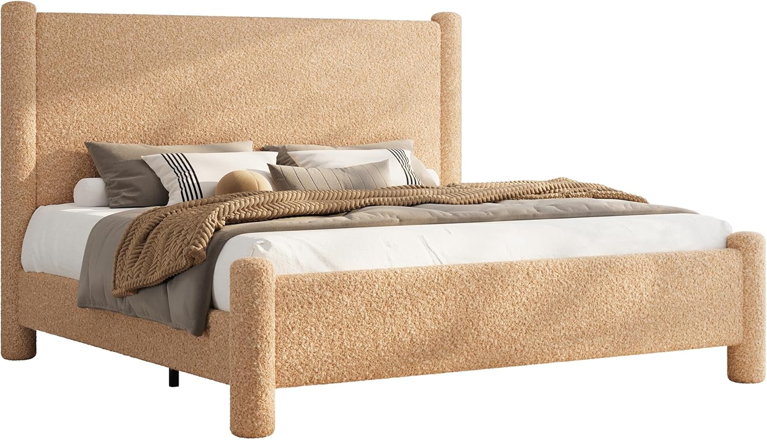 AMERLIFE Queen Boucle Cloud Upholstered Bed Frame with Cylinder Headboard, Modern Platform Structure, Sherpa Boucle Soft Design, No Box Spring Needed, Khaki