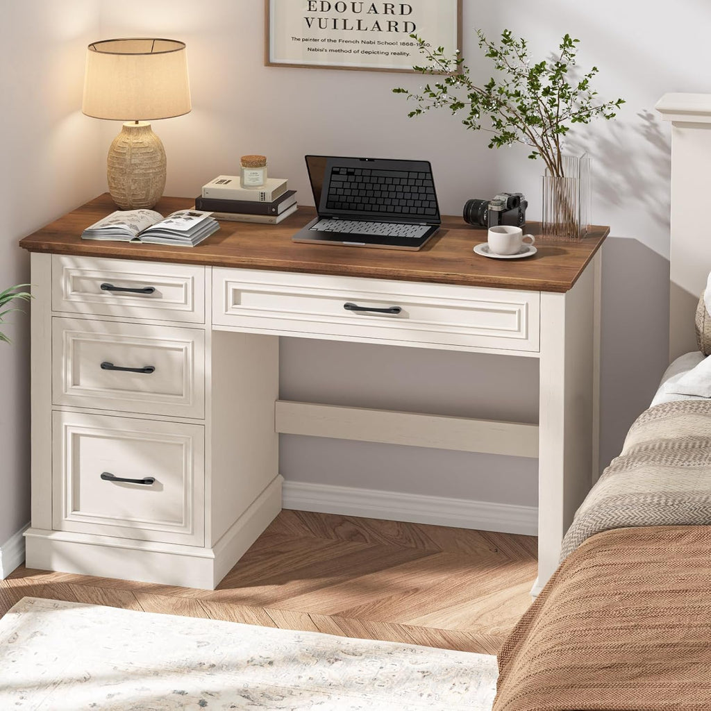 Vabches Farmhouse 47" Executive Desk with 3 Drawers and Adjustable File Drawer, Workstation Computer Desk for Home Office, Study, Unique White.