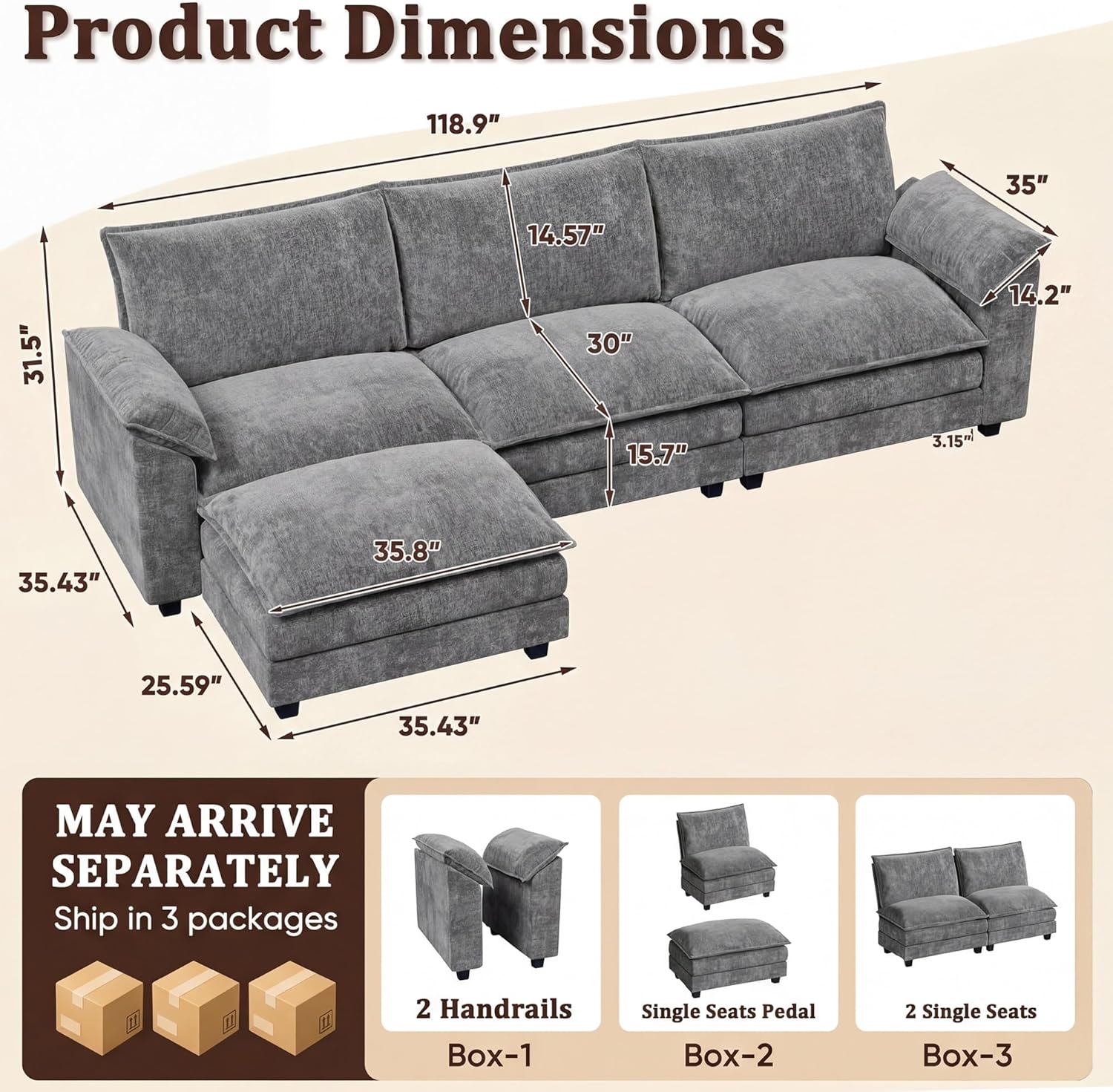 JUMMICO 118.9" Modular Sectional Cloud Couch 3-Seat Sofa Set with Movable Ottoman, L Shaped Sofa Couch with Deep Seat, Chenille Couches for Living Room (Light Grey-4, L Shaped Sofa)