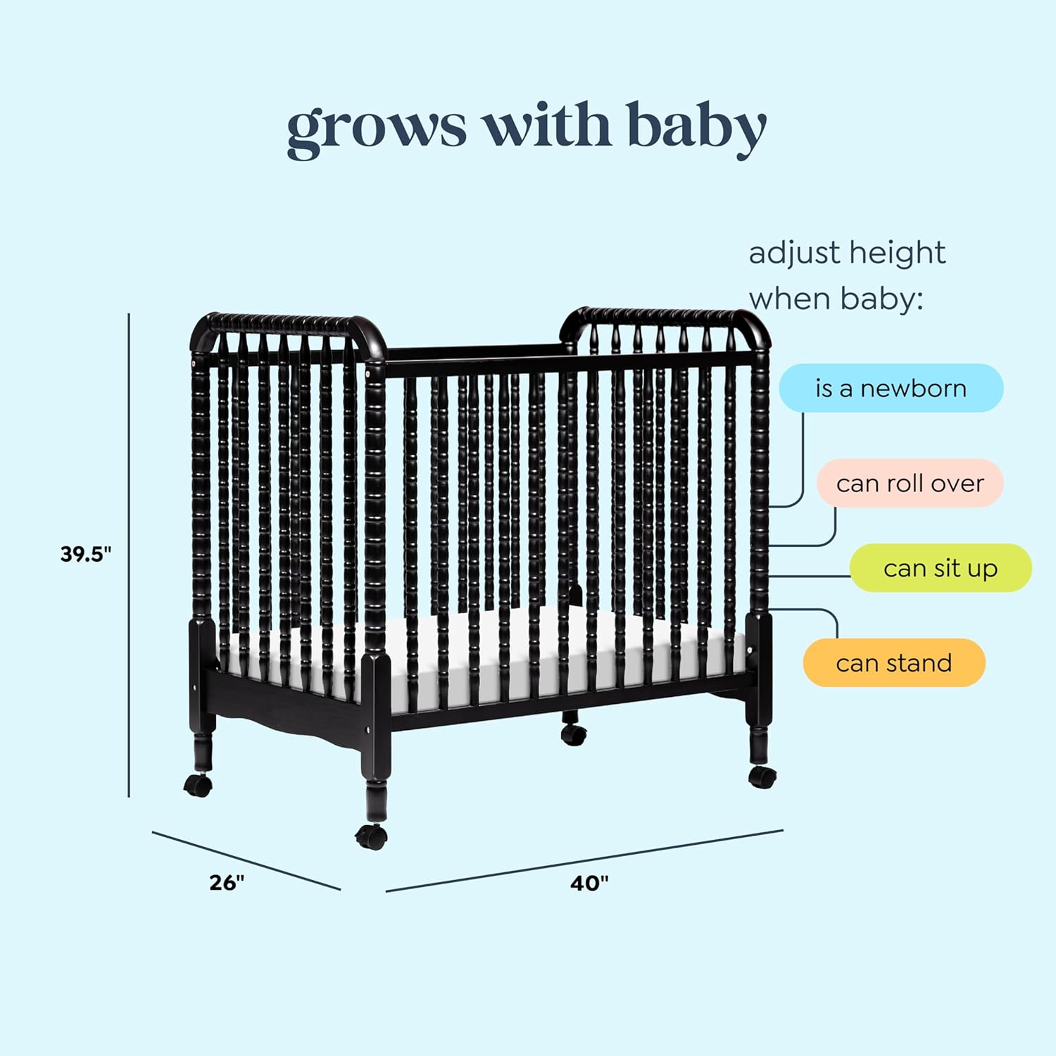 Davinci Jenny Lind 3-in-1 Convertible Mini Crib in Ebony, Removable Wheels, Greenguard Gold Certified