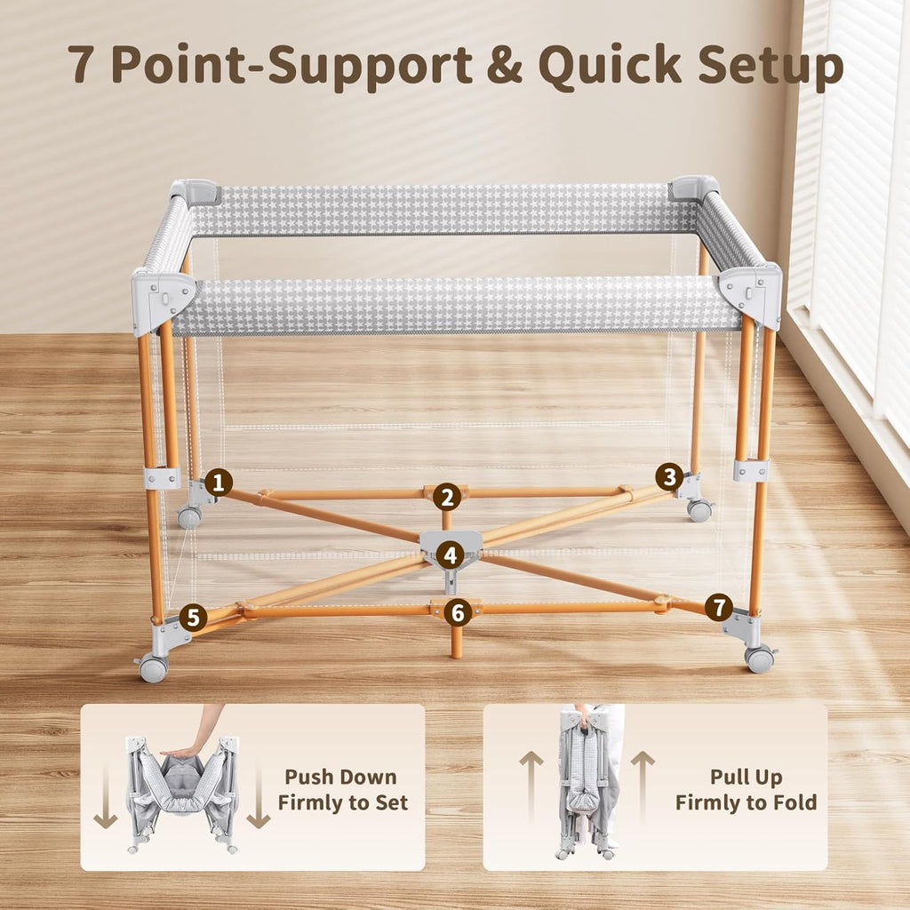 GAIVE 4 in 1 Baby Bassinet, One-Push Setup Pack and Play, Bedside Crib Sleeper with 3 Height Adjustable .Diaper Changer, Come with Comfy Mattress, Rotating Toy Bar, from Infants to Toddlers (Grey)