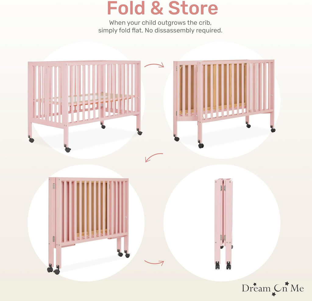 Dream On Me Quinn Full-Size Portable Baby Crib in Blush Pink, GreenGuard Gold & JPMA, Patented Quick Fold System, Adjustable Mattress Support, Smooth Wheels, Compact Design, Safe Sleep Assurance