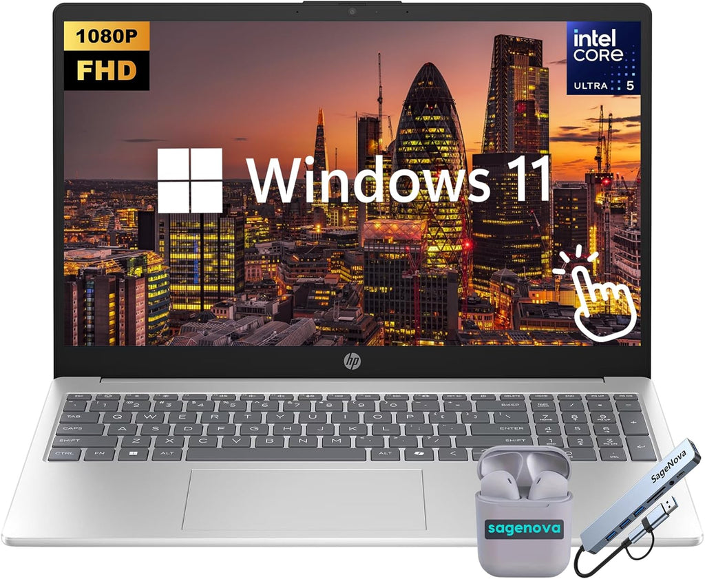 HP Touchscreen Laptop, 15.6" FHD Business Laptop Computer, Intel Core Ultra 5 125H Processor (14-Core, Up to 4.5 Ghz), 24GB DDR5 RAM 1TB SSD, Windows 11, SageNova Earphones, Docking Station, Silver