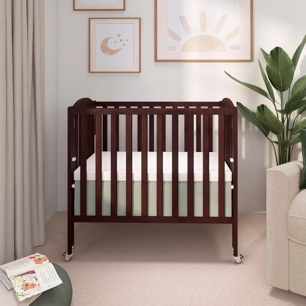 Dream On Me 3-in-1 Portable Folding Stationary Side Mini Baby Crib in Espresso & Mattress, GreenGuard Gold & JPMA, Use as Changer & Playpen, Locking Wheels, 3 Mattress Heights, Extra Firm Mattress