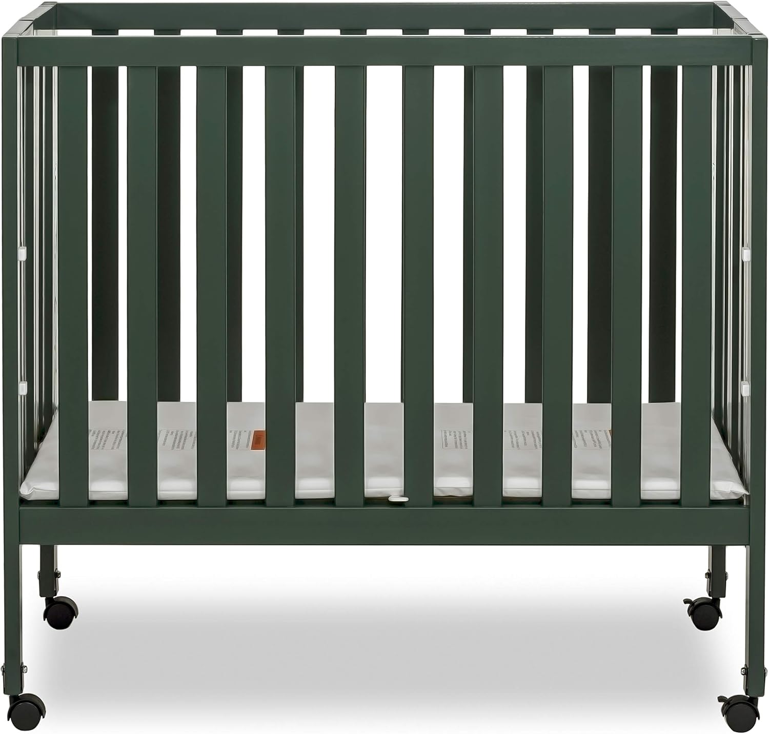 Dream On Me Jett Mini Folding Baby Crib in Olive, GreenGuard Gold & BSA, Lightweight & Portable, Patented Flat Folding System for Small Spaces & Travel, 1.5” Mattress Pad, 3 Heights, Safe Wheels