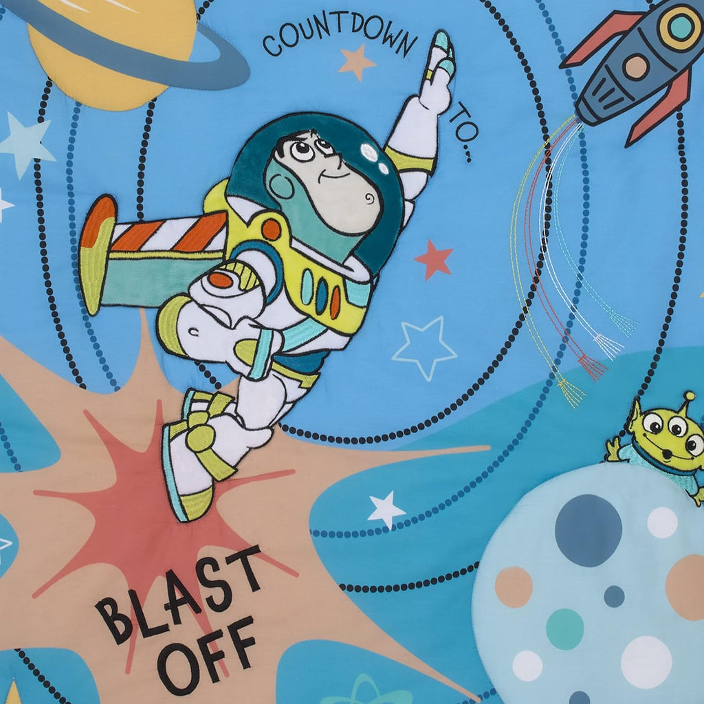 NoJo Disney Toy Story Buzz Lightyear Blue, Orange, and Yellow Countdown to Blast-Off 3 Piece Nursery Crib Bedding Set - Comforter, 100% Cotton Fitted Crib Sheet and Crib Skirt