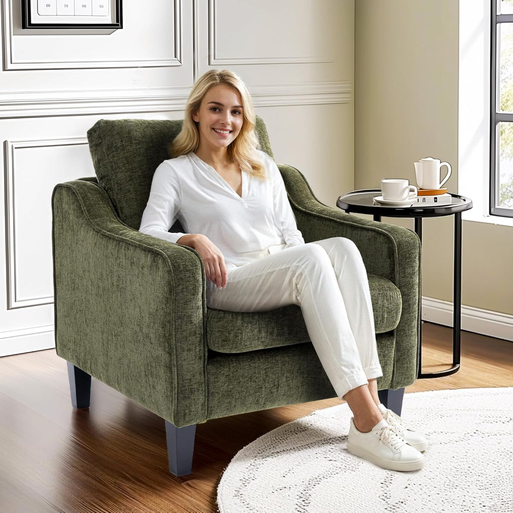 FLEXISPOT AC2 Accent Chairs Set of 2, Mid Century Modern Chenille Upholstered Armchairs with Padded Back, Comfy Reading Chairs for Living Room, Bedroom, Office & Small Spaces, Green